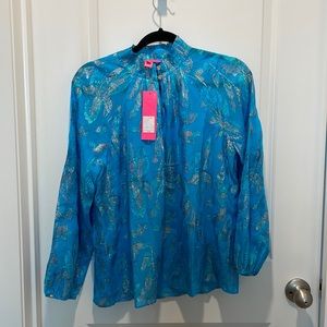 NWT- Lilly Pulitzer galiana silk top - ocean breeze multifloral metallic clip
